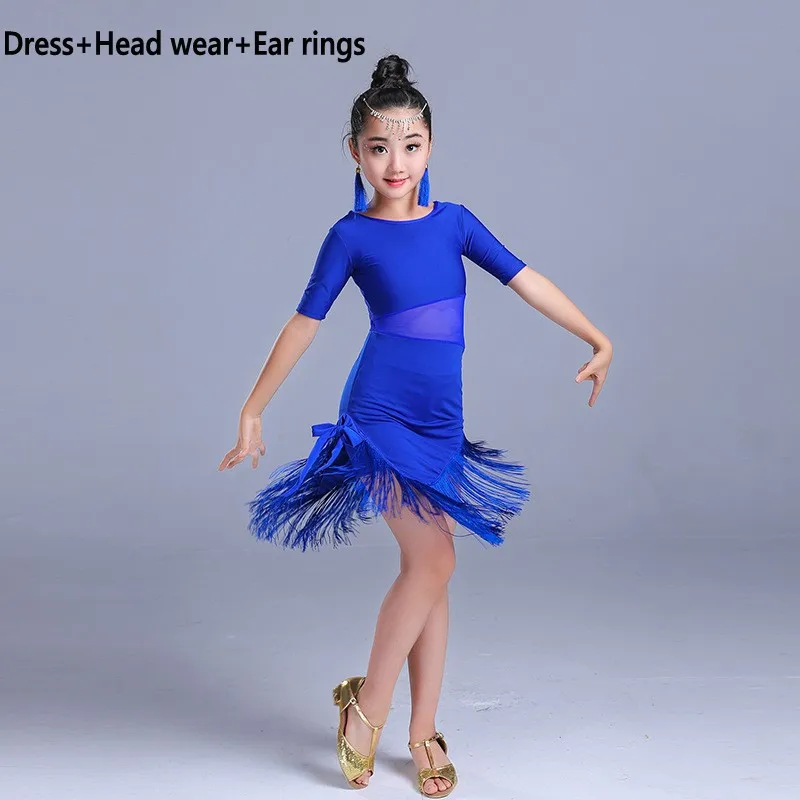 Design A blue Новинка; детское платье для латинских танцев для девочек; одежда для латинских танцев с бахромой; костюм Tessels; бальное платье черного и красного цвета с аксессуарами - Цвет: Design A blue