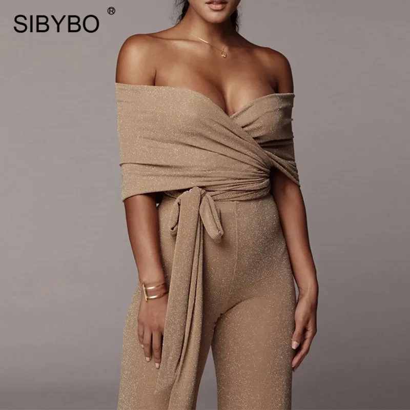 SIBYBO, блестящий, с открытыми плечами, сексуальный комплект из двух предметов, женский, перекрестный, бандаж, без бретелек, Женский Топ и штаны, набор, открытая спина, Повседневный, Женский комплект