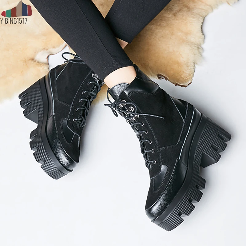 

NAUSK Brand Design Genuine Leather Ankle Boots Woman Casual Lace Up Boots Shoes Woman Cow Suede Female Square Heel Ankle Boots