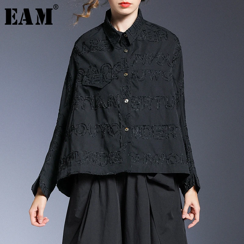 

[EAM] Women Black Embroidery Big Size Blouse New Lapel Long Sleeve Loose Fit Shirt Fashion Tide Spring Autumn 2020 1R880