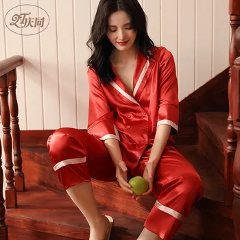 

Spring Ice Silk Korean Sexy Girl Pajama Thin Two Piece Pajamas Red Wedding Women Sleepwear V-Neck Satin Home Clothes Sleep Set