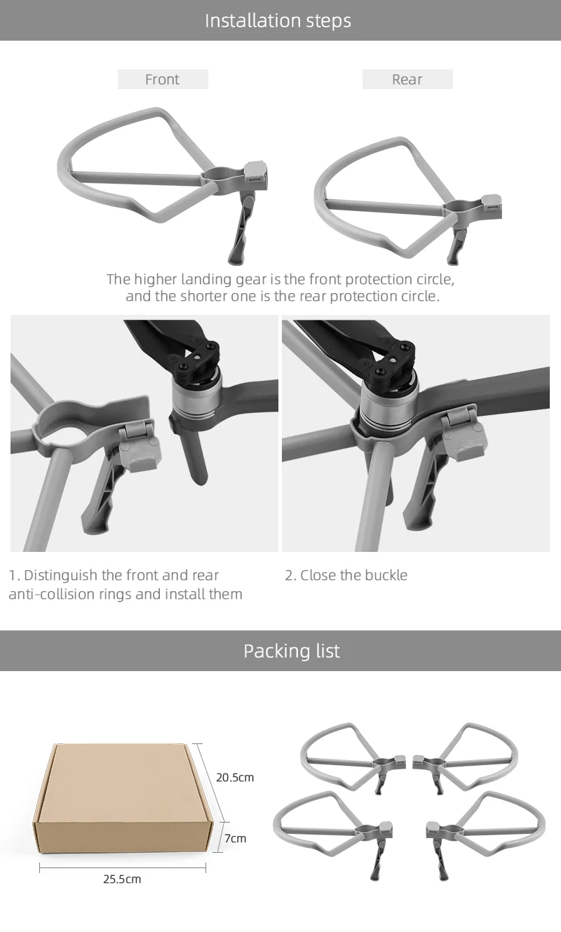 4PCS Propeller, installation steps Front Rear The higher landing gear is the front protection circle, and the shorter one