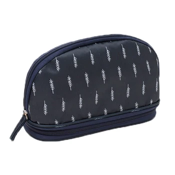 

Portable Cosmetic Bag Double Layer Travel Makeup Pouch Bags Circular Woman Make Up Bag Navy Feather