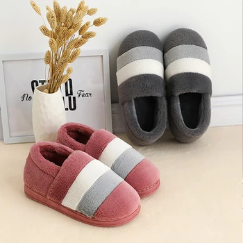 

Women Man Warm Cotton Slippers Flat Soft Striped House Shoe Anti-slip Casual Slipper
