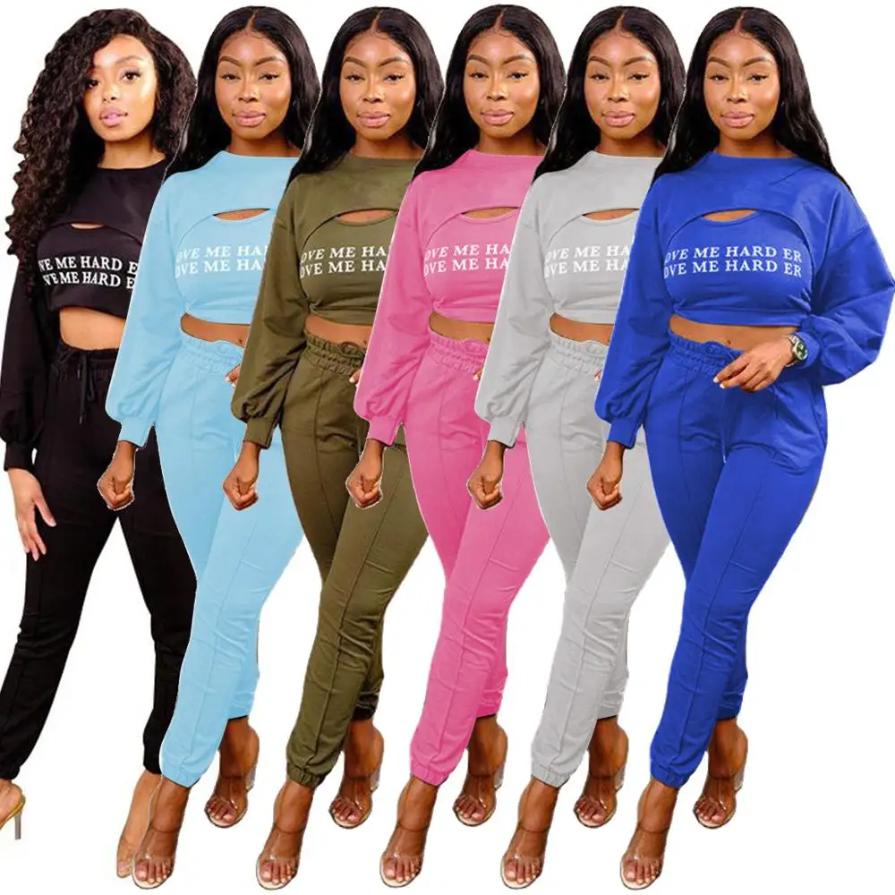 

Adogirl Women Letter Print 3 Pieces Set Hollow Out Tracksuits Long Sleeve Crop Top Bra Vest Legging Pants Suits Casual Women Set