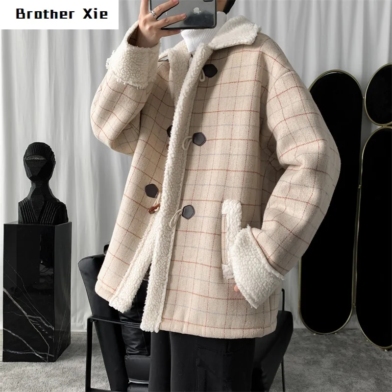 

Winter Thick Lamb Fur Jacket Men Warm Fashion Parka Men Retro Casual Lapel Coat Man Wild Loose Cotton Plaid Jacket Male Clothes