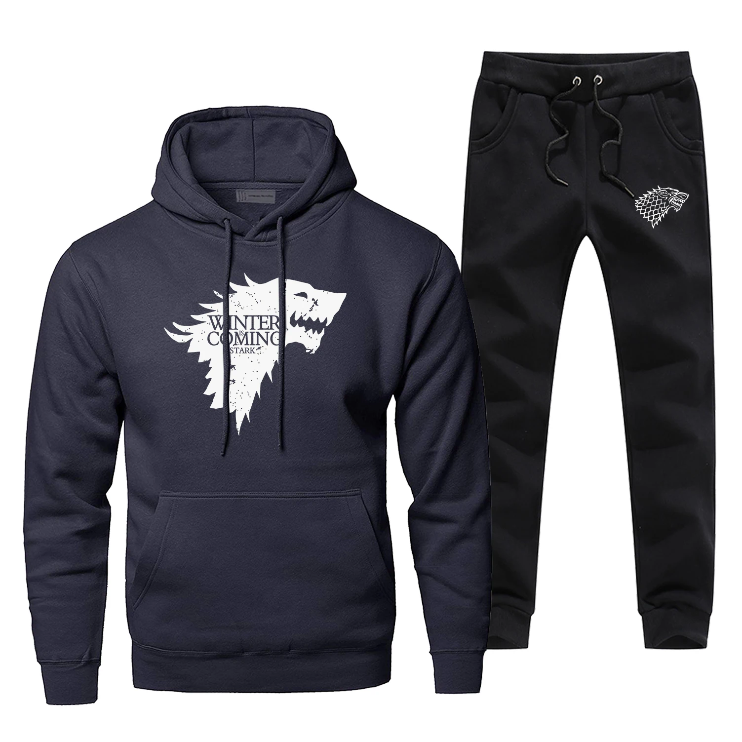 Мужские толстовки с капюшоном и штанами, набор из Игры престолов, толстовка с капюшоном, мужские толстовки с капюшоном House Stark Wolf Pollover, 2 шт., уличная одежда, мужские толстовки