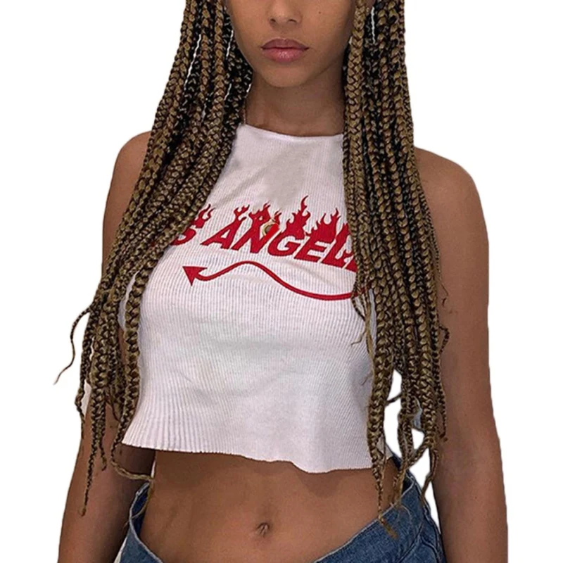 Summer New Women\'s Letter Print Sleeveless Self-cultivation O-neck Short Section Exposure Navel Vest Tank Top 2019 New