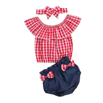 

Newborn Baby Girls 0-24M 3-piece Outfit Set Off Shoulder Plaid Top+Denim Shorts+Headband Set