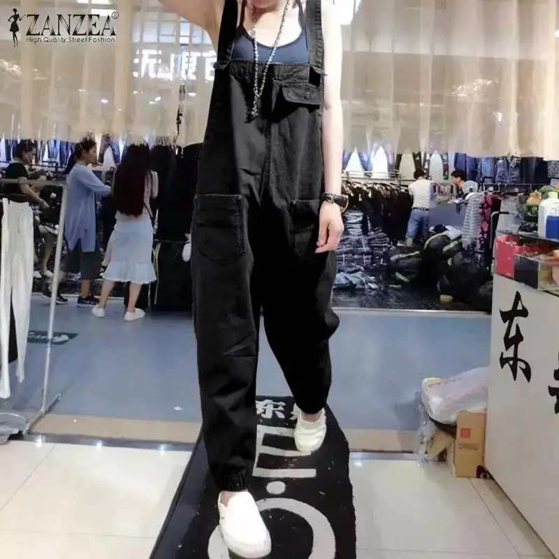 ZANZEA 2020 Women's Denim Blue Jumpsuits Vintage Sleeveless Suspender Overalls Casual Playsuits Female Rompers Solid Harem Pants