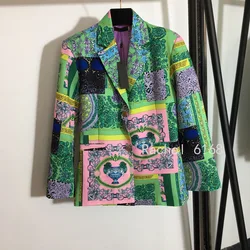 Design de luxo 2021 outono inverno novo vintage impressão lapela manga longa terno única linha botão de ouro casaco feminino mulher jaqueta