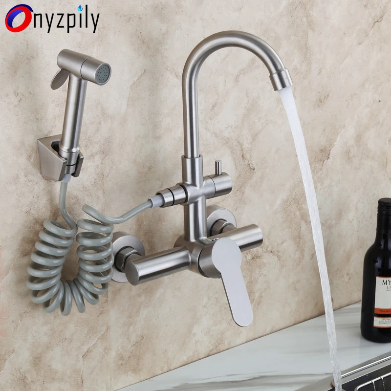 Onyzpily-grifo de fregadero de cocina de acero inoxidable, mezclador de grifo, pulverizador de corriente, cabezal de instalación en pared, níquel cepillado 304