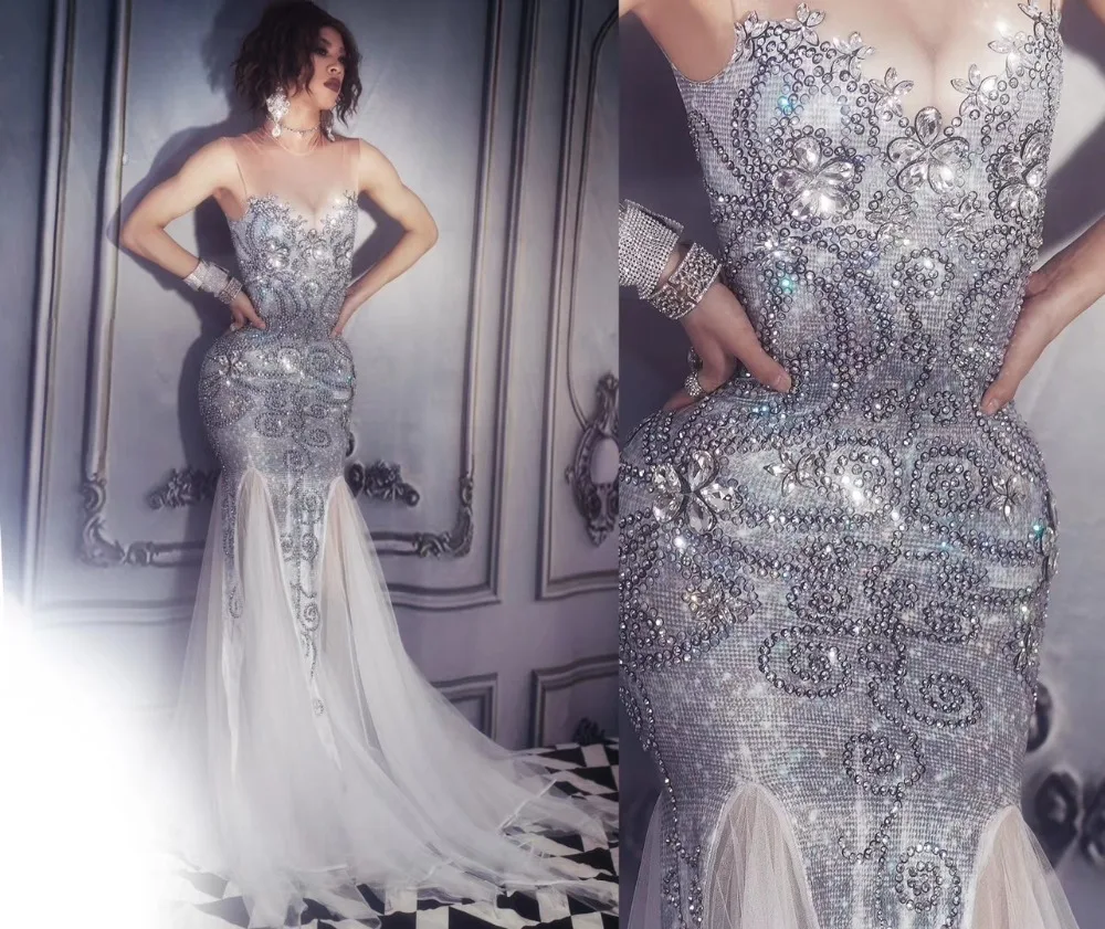 Сексуальное вечернее платье русалки с кристаллами и кисточками, облегающее Сетчатое свадебное длинное платье, платье для выпускного бала, костюм певицы для сцены