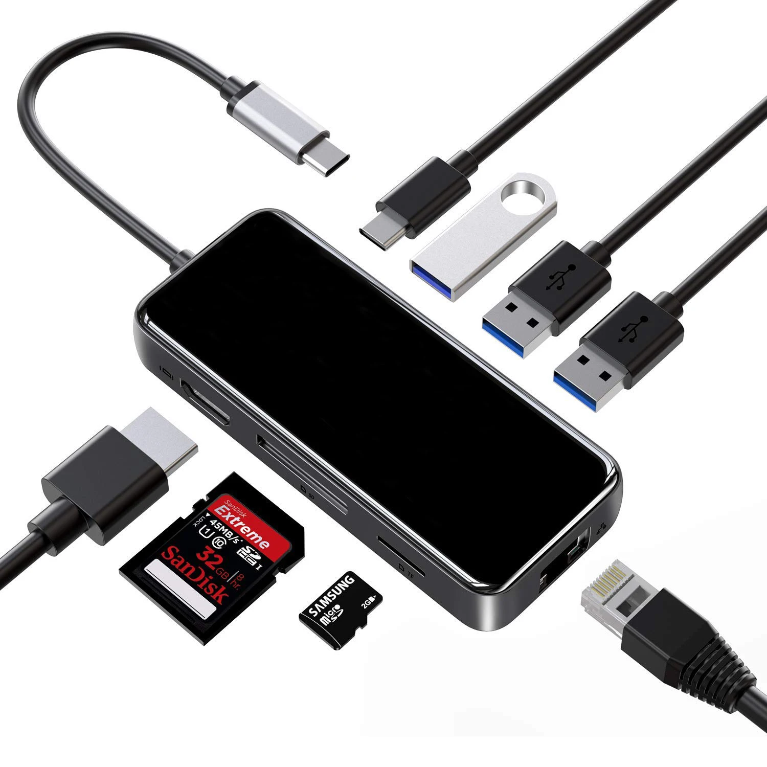 

USB C Hub 8 in 1 USB Type C Hub HD Adapter USB C to 4K HD PD Charger 3 USB 3.0 Port SD TF Card Reader