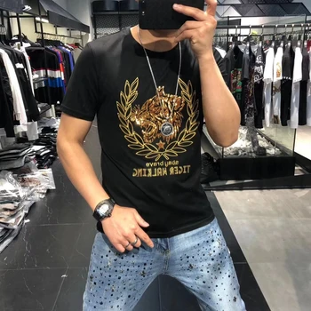 

Tiger Head Bead Embroidery Short Sleeve Casual Round Collar Camisa Pólo The Flash Tee Shirt Homme 2020 Summer Funny T Shirt