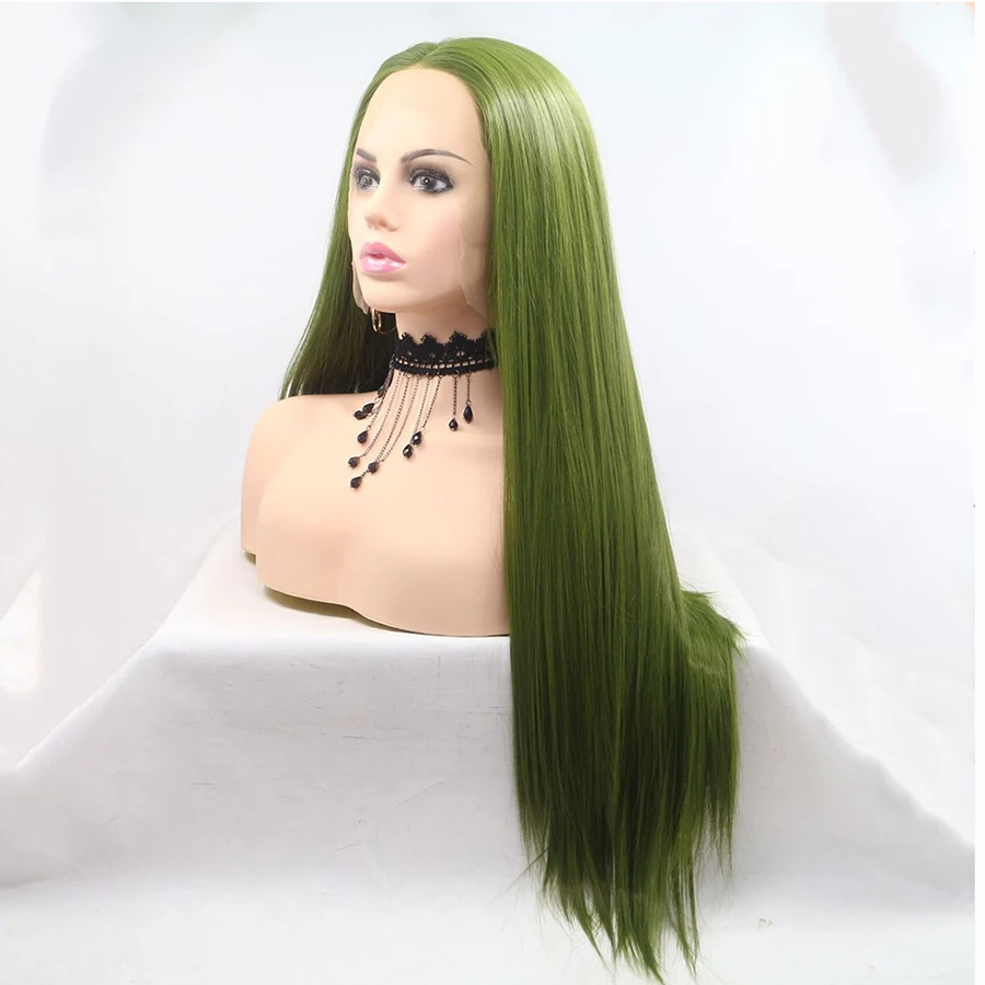 Фэнтези высокая температура термостойкие волокна волос длинные прямые темно-зеленые синтетические кружева передние парики для Drag queen макияж