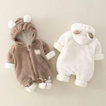 Body d'hiver à capuche pour nouveau né, combinaison chaude en fourrure pour bébé fille, vêtements de dessin animé, barboteuse pour bébé 