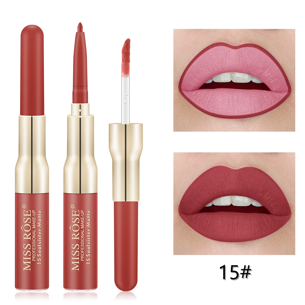 Miss Rose 12 Colors Double-ended Lip liner Long-lasting Matte Lip Glaze sexy red Velvet Lipstick Makeup Cosmetics Tools TSLM1 - Цвет: 15
