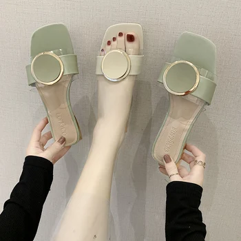 

Square heel Shoes Slippers Women Summer Transparent Heel Rivet Med Pantofle Slides Fashion Block Flat Soft 2020 Luxury Rubber