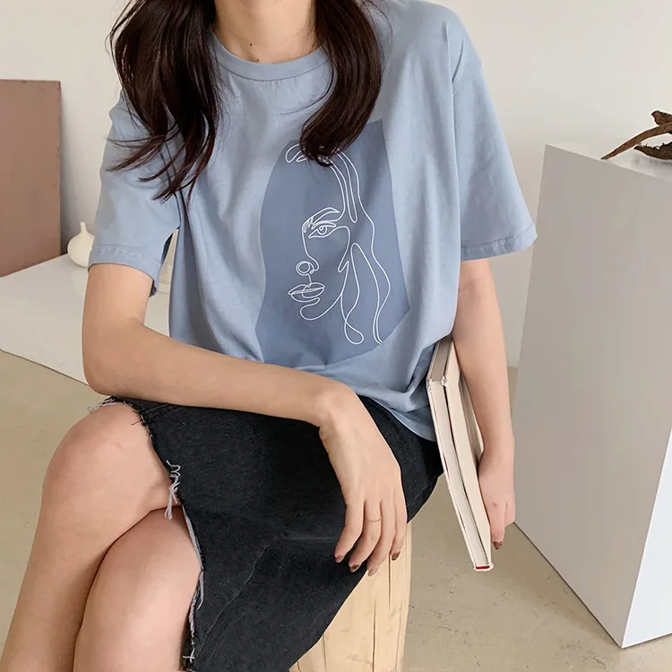 Abstract Print T-shirt Female Short Sleeve 2020 Summer New O-Neck Korean Women's Casual Tops Tees Harajuku