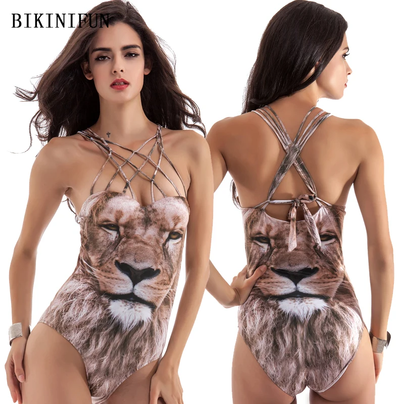 

New Sexy Lion Print Swimsuit Women One Piece Suit Strappy Bandage Swimwear S-XL Girl Backless Padded Bathing Suit Wild Monokini