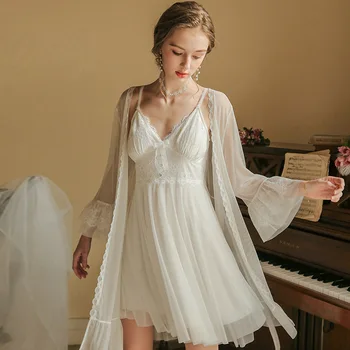 

Summer Sexy Lace Women Sleepwear Set Weekend Casual Homewear Nightdress+robe Nightwear Suit Home Night Sleeping Dress For Female