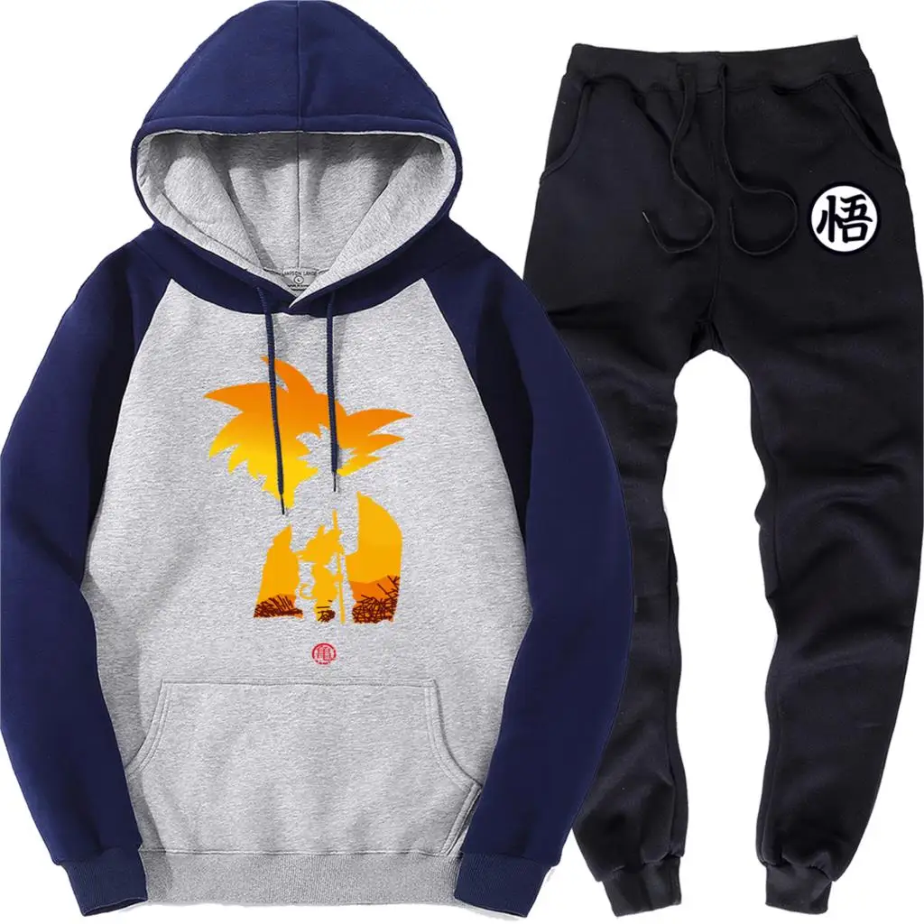dark blue gray 6 Dragon Ball Мужской Реглан Толстовка+ спортивные штаны стиль флисовый спортивный комплект уличная Байкерская мужская одежда из двух частей костюм Харадзюку - Цвет: dark blue gray 6