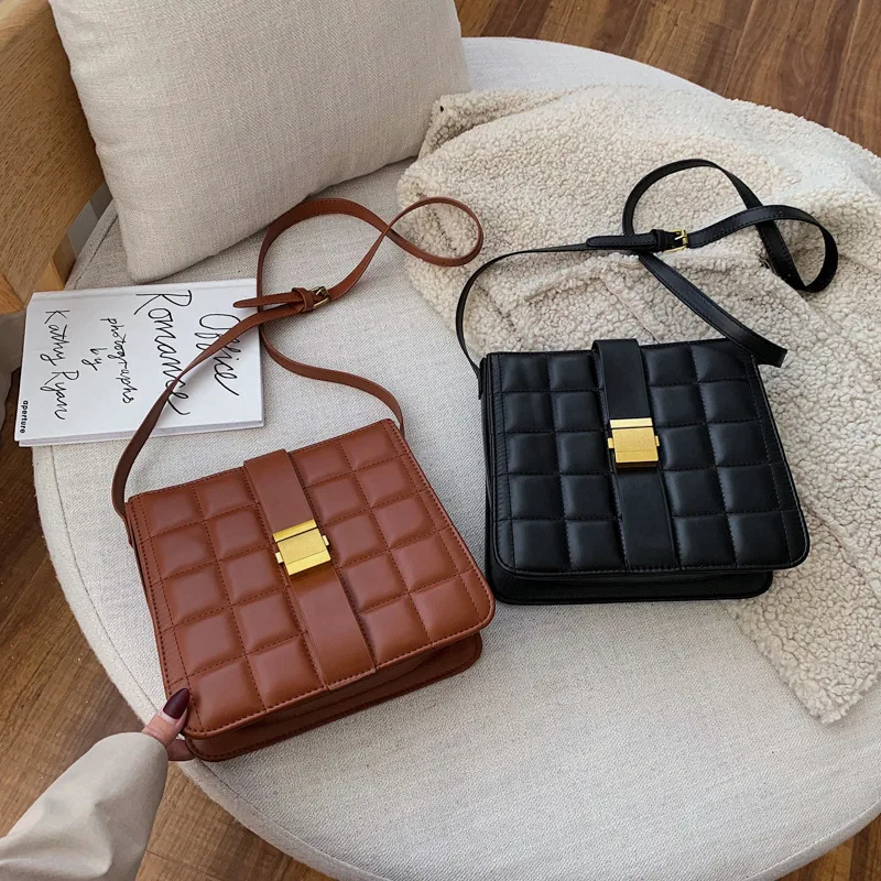 

New Arrival Textured Bag WOMEN'S Bag 2019 New Style Korean-style Retro Lock Shoulder Versatile Plaid Square Sling Bag