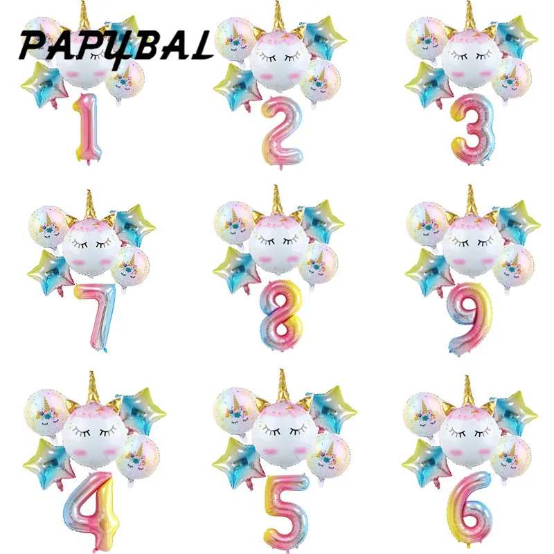 

6pcs Rainbow Unicorn Foil Balloons 32inch Gradient Color Number Ballon Birthday Wedding Party Decoration Supplies Baby Shower