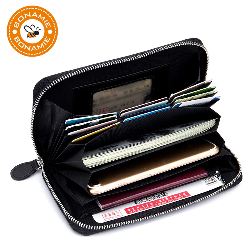 

BONAMIE Business Mobile Phone Genuine Leather Wallet Men Credit Card Holder Wallets Fashion Women Zipper Long Purses Clutch Bag