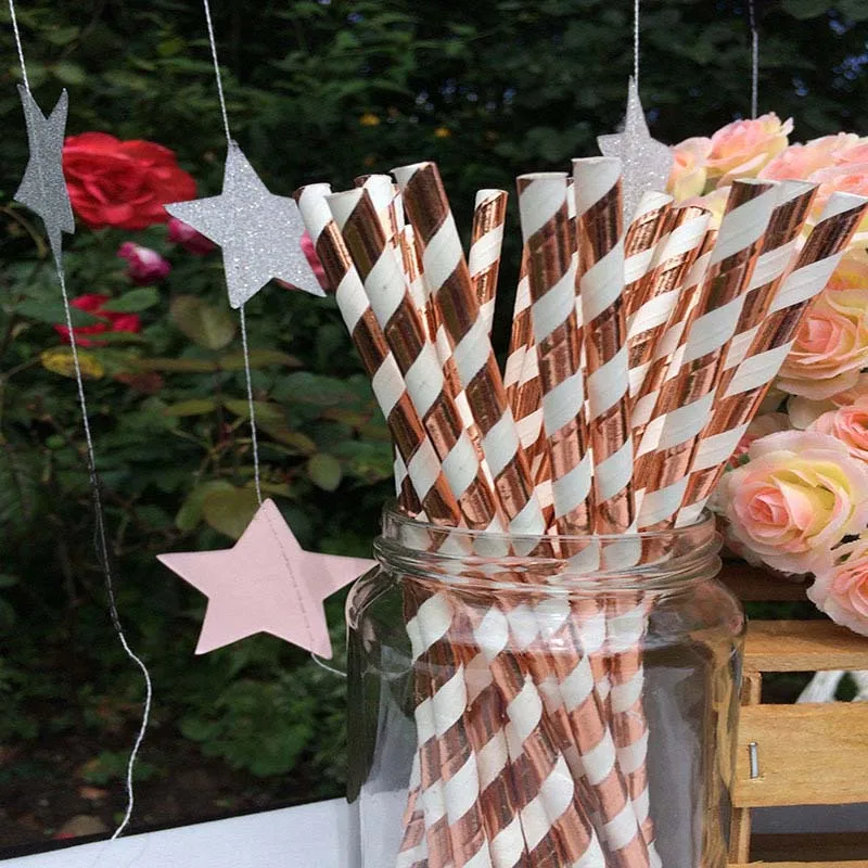 Rose Gold Stripe 25 шт., одноразовые бумажные соломинки, креативные соломинки для питья, украшения для вечеринки в честь Дня Рождения, для детей, для вечеринки в честь свадьбы - Цвет: Rose Gold Stripe