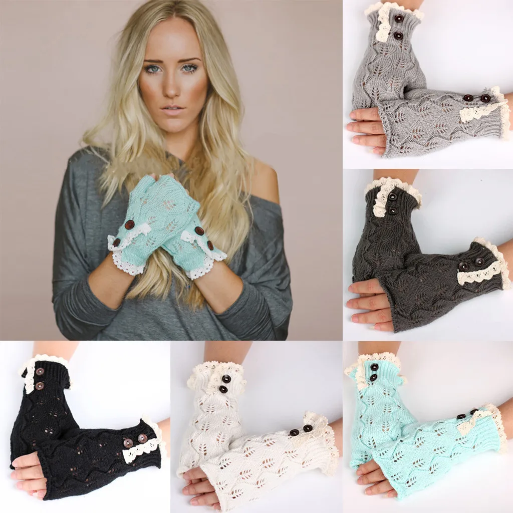 

Women's winter knitted wool button button hollow leaf lace warm fingerless gloves protective gloves 9.4