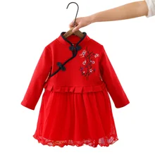 Детское Хлопковое платье принцессы с длинными рукавами для девочек многослойное фатиновое платье с помпонами китайское традиционное платье-пачка из флиса