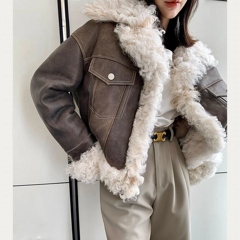 Женское двухстороннее пальто из натуральной кожи и меха зимняя модная теплая