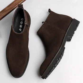 

Men Leather Boots Dull Polish Cowhide Nubuck Men Work Boots Brown Side Zipper Pointed Toe Ankle Genuine Leather Cow Leather