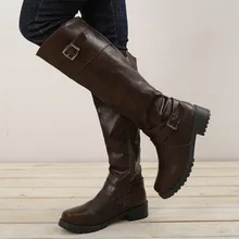 BORRUICE женская зимняя обувь до колена на высоком каблуке ботинки с высоким голенищем с ремешком и пряжкой в римском стиле Для женщин сапоги осень-зима обувь на низком каблуке и с круглым носком размера плюс 43, ботинки