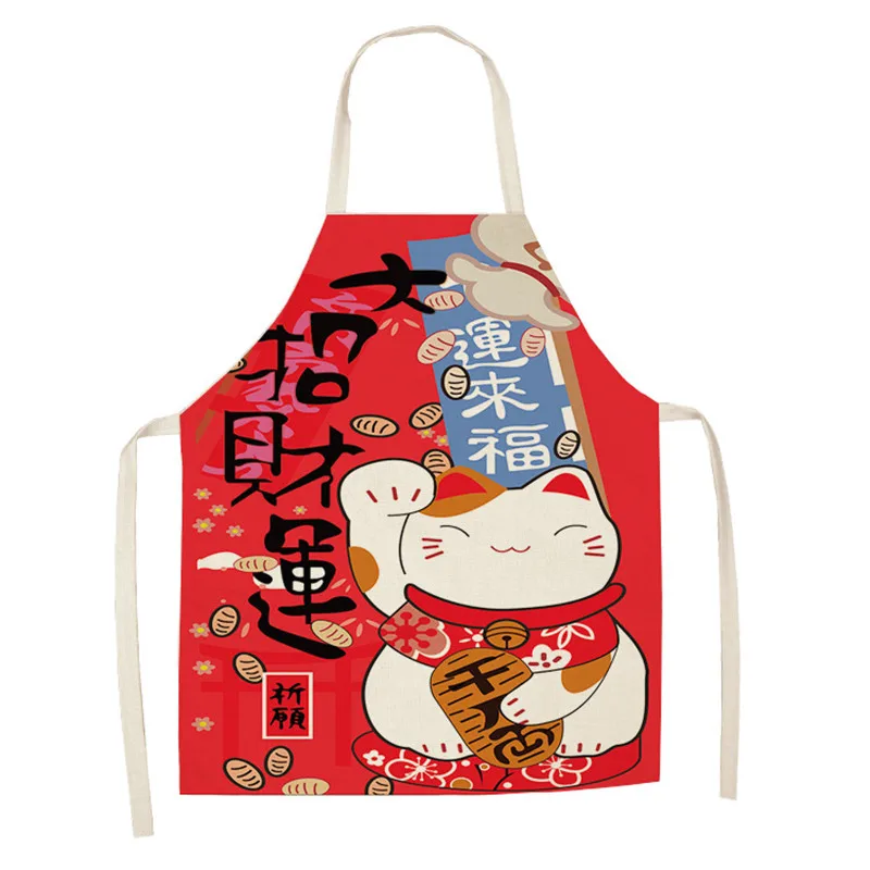 Lucky Cat Apron Kitchen Aprons for Women Cotton Linen Bibs Household Cleaning Pinafore Home Cooking Apron