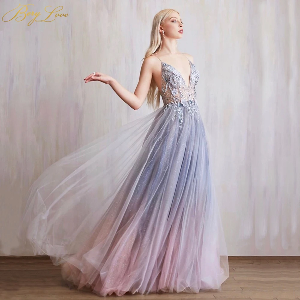 

BeryLove Colorful Evening Dress 2020 Colorful Illusion Bodice Bead A line Tulle Evening Gown Long Slit Prom Train Robe De Soire