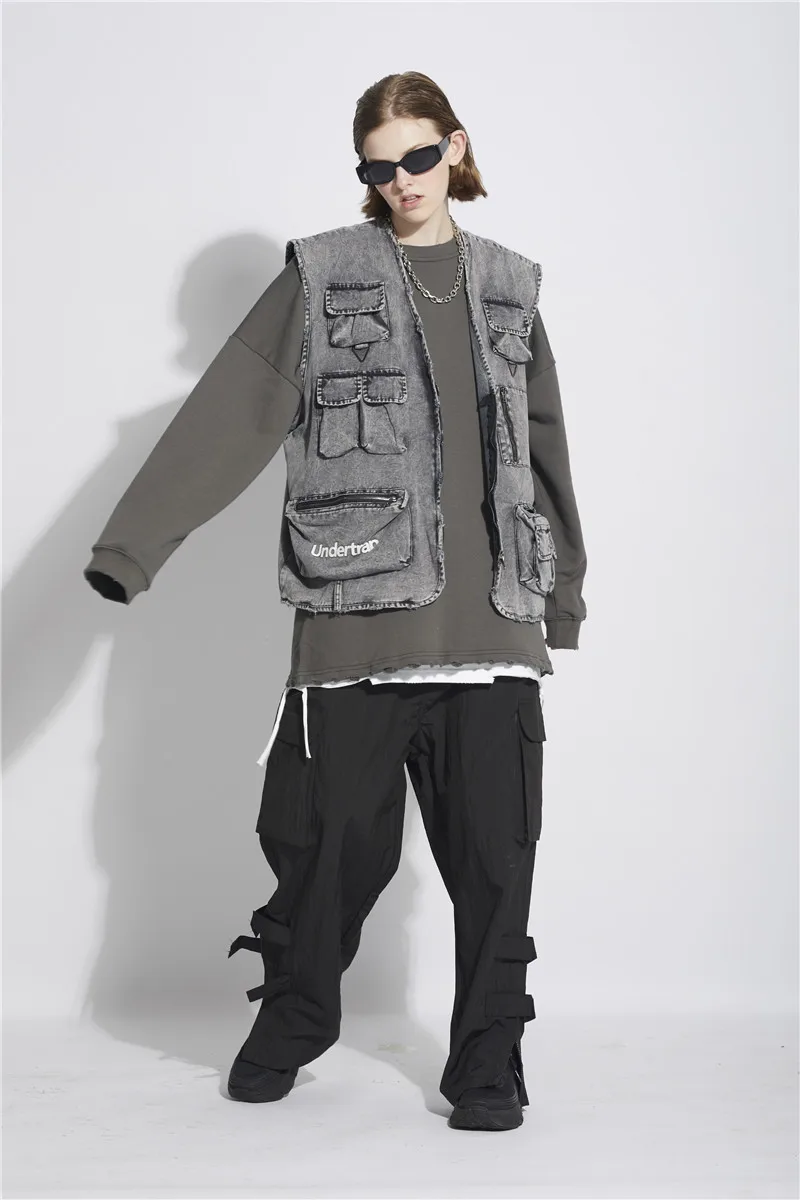 Dark Icon джинсовый жилет с несколькими карманами, серый жилет в стиле хип-хоп, мужские и женские куртки унисекс без рукавов, уличная одежда
