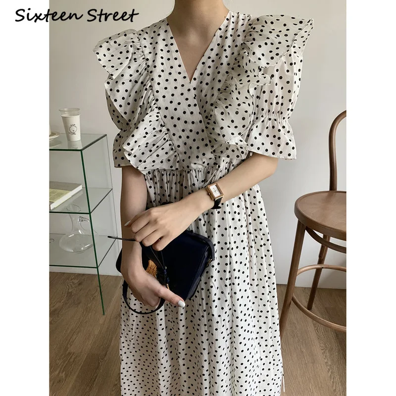 

Dresses for Women Summer Korean Style Chic DOT Dress Female V-neck Edible Tree Fungus Vintage Y2k Vestido De Mujer Dropshipping