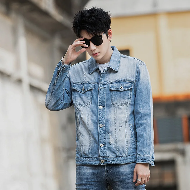 

2019 Light Color Denim Top Men's Trend Handsome Students with Holes Faded Back Printed Cowboy Coat Long Vest