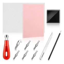 Kit de fabrication de tampons en caoutchouc, Kit d'outils d'impression en bloc, coupe linoléum avec 6 Types de lames, papier de traçage, bloc de sculpture en caoutchouc 