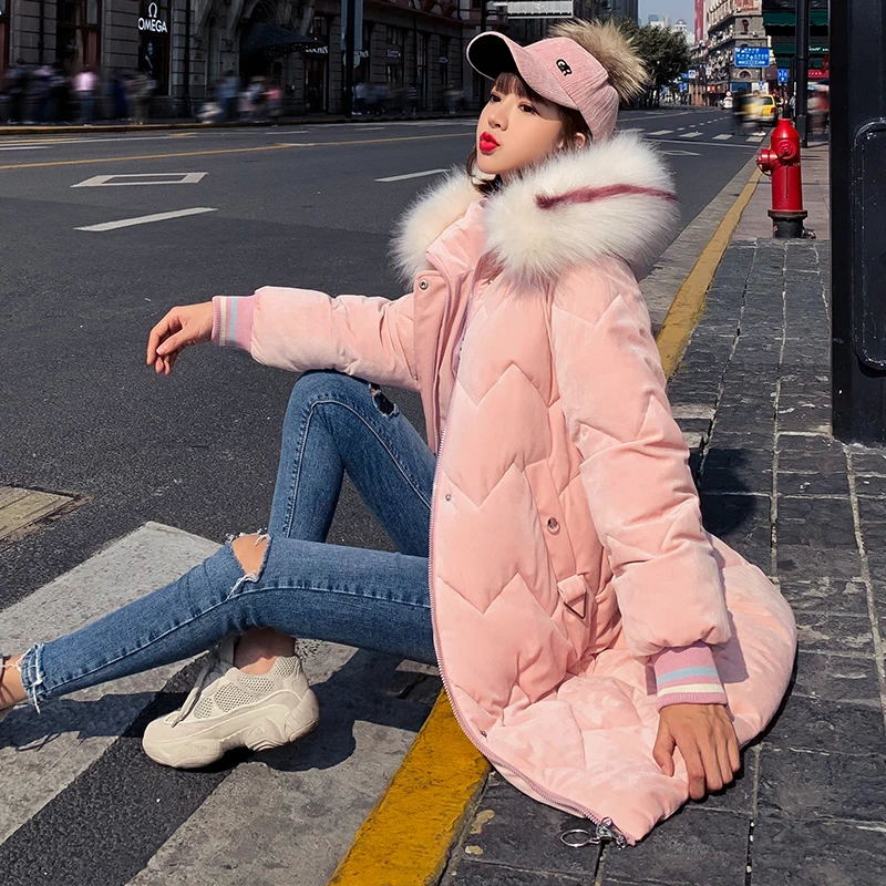 Pink Зимняя куртка для женщин парка длинное пальто Женская куртка большой меховой воротник Корейский пуховик хлопок теплый ватник парка Mujer 6910 KJ3241 - Цвет: Pink