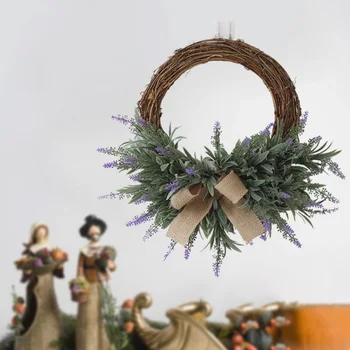 

Artificial Lavender Flower Wreath Rattan Garland With Bow-Knot Festival Wedding Ornaments Front Door Window Wall Hanging Pendant