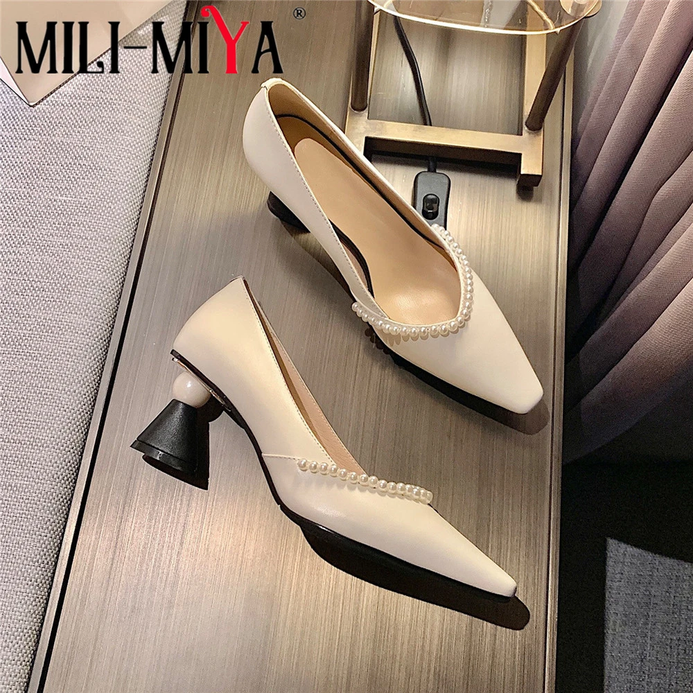 

MILI-MIYA New Arrival Spring Autumn Women Full Genuine Leather Pumps Strange Heels Pointed Toe Pearl Dress Party Shoes For Lady