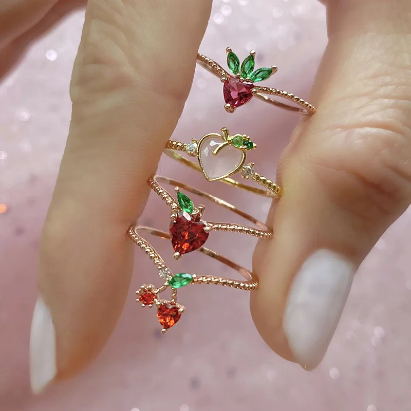 

Exquisite Cute Fruit Ring Watermelon/Strawberry Fine Ring for Women Girls Birthday Banquet Gifts Cocktail Party Jewelry Gifts