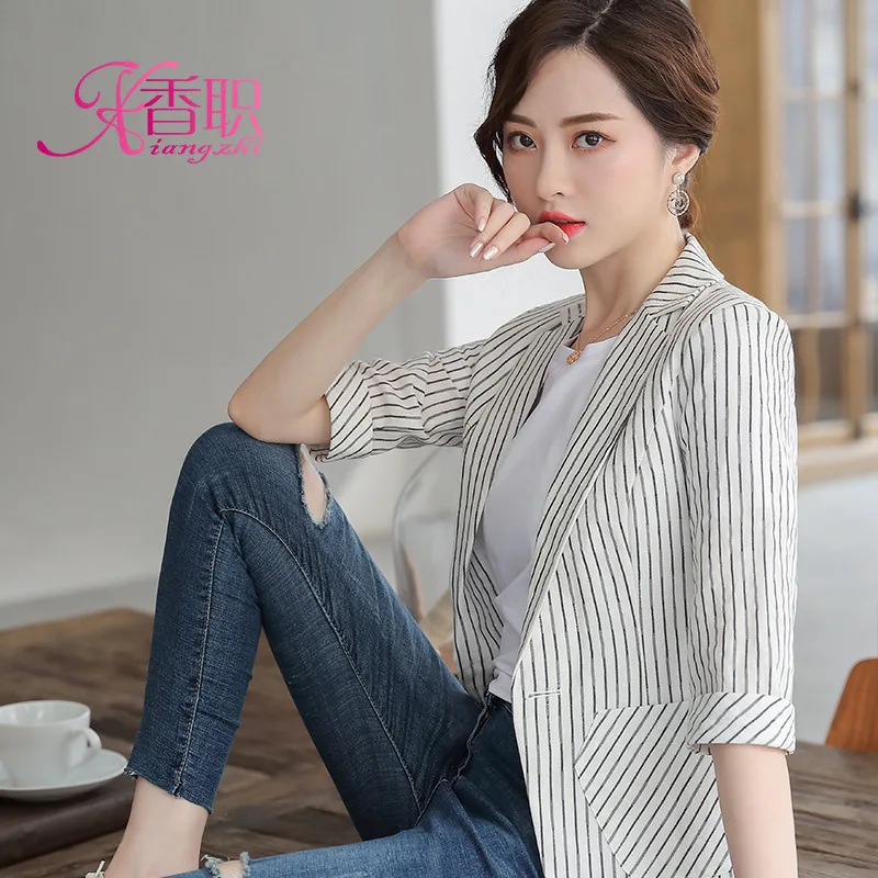 

2019 Autumn Stripes Suit Jacket Blouses Wear Elegant New Style Graceful Large Size Workwear Suit Korean-style