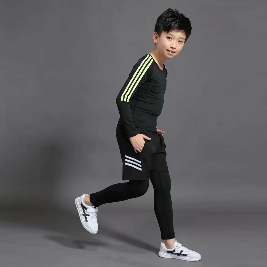 Детские штаны для фитнеса, спортивные мужские тренировочные костюмы для бега, детская одежда для мальчиков, спортивная одежда для бега и тренировок, компрессионные комплекты одежды