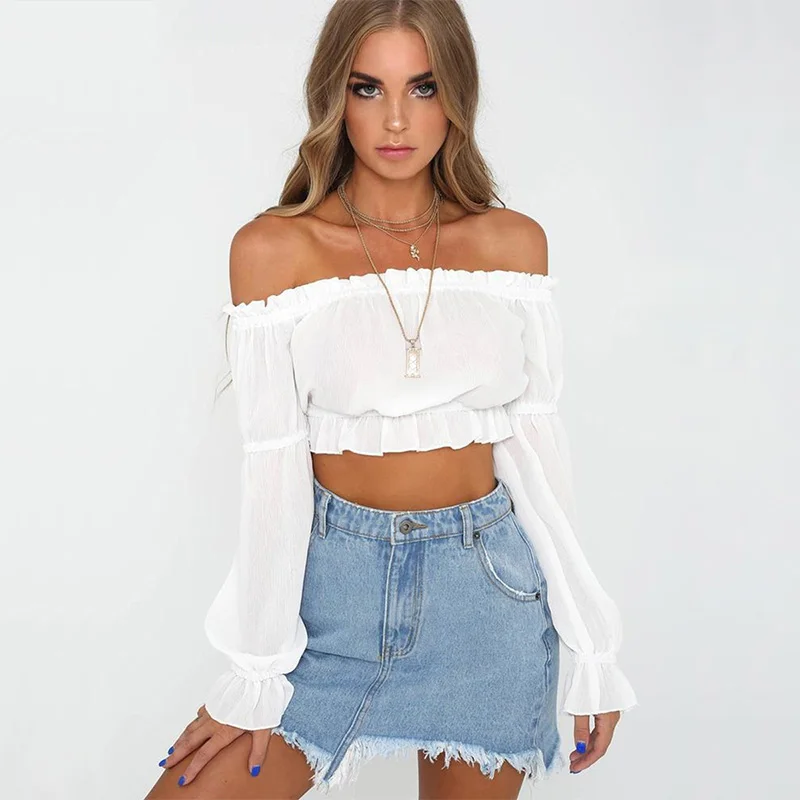 New 2020 Summer Fashion Sexy Off Shoulder Short Crop Chiffon Blouse WomenRuffles Croped Tops Party Clubwear | Женская одежда
