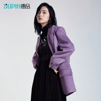 

SUPIN Spring Women Lapel Blazer Office Lady Fashion Solid Loose Single Buckle Female Mid Long Suit 518459005